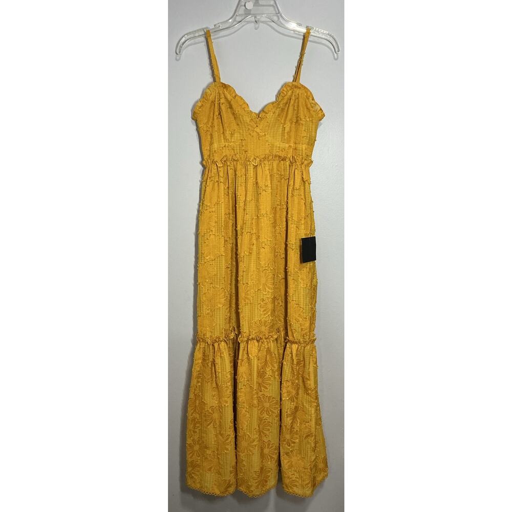 Lulus Charm & Charisma Mustard Yellow Ruffle MIDI dress size XS